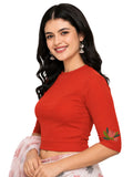 Women Back Printed Stretchable Elbow Sleeve RIB Blouse U0115 Dark Orange