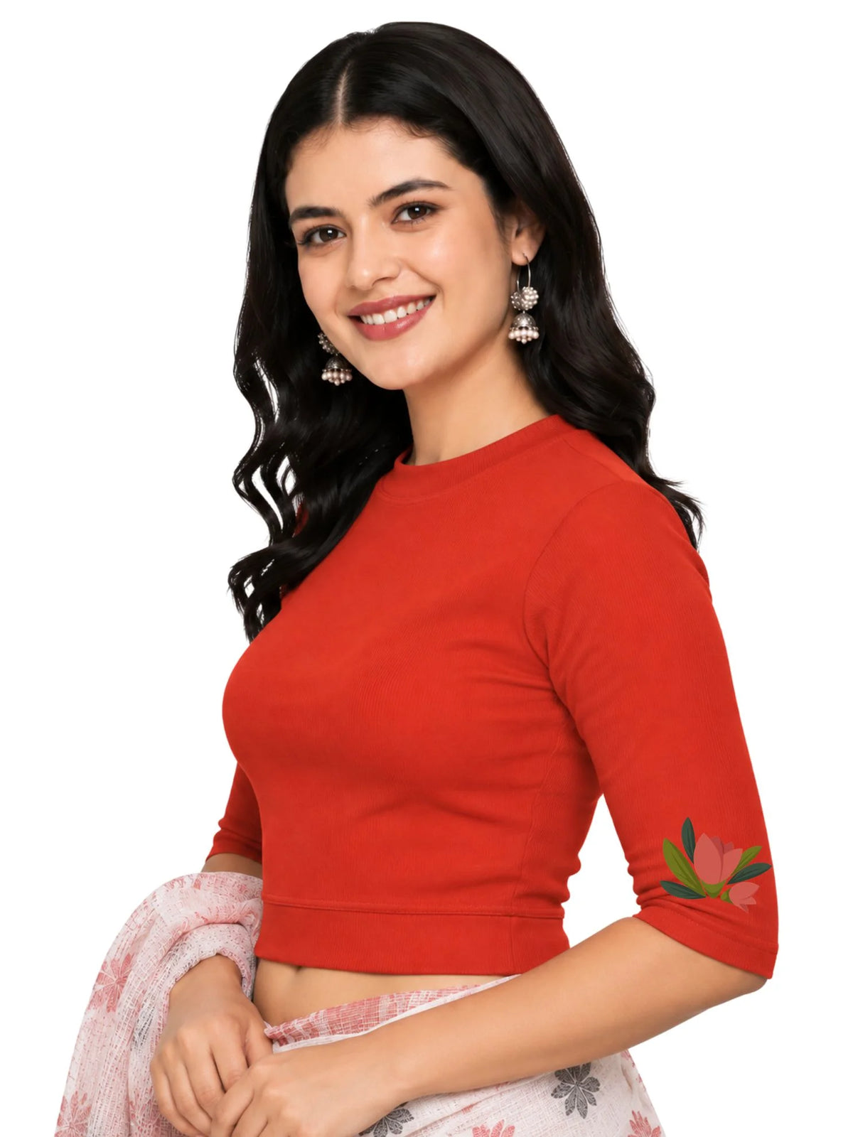 Women Back Printed Stretchable Elbow Sleeve RIB Blouse U0115 Dark Orange