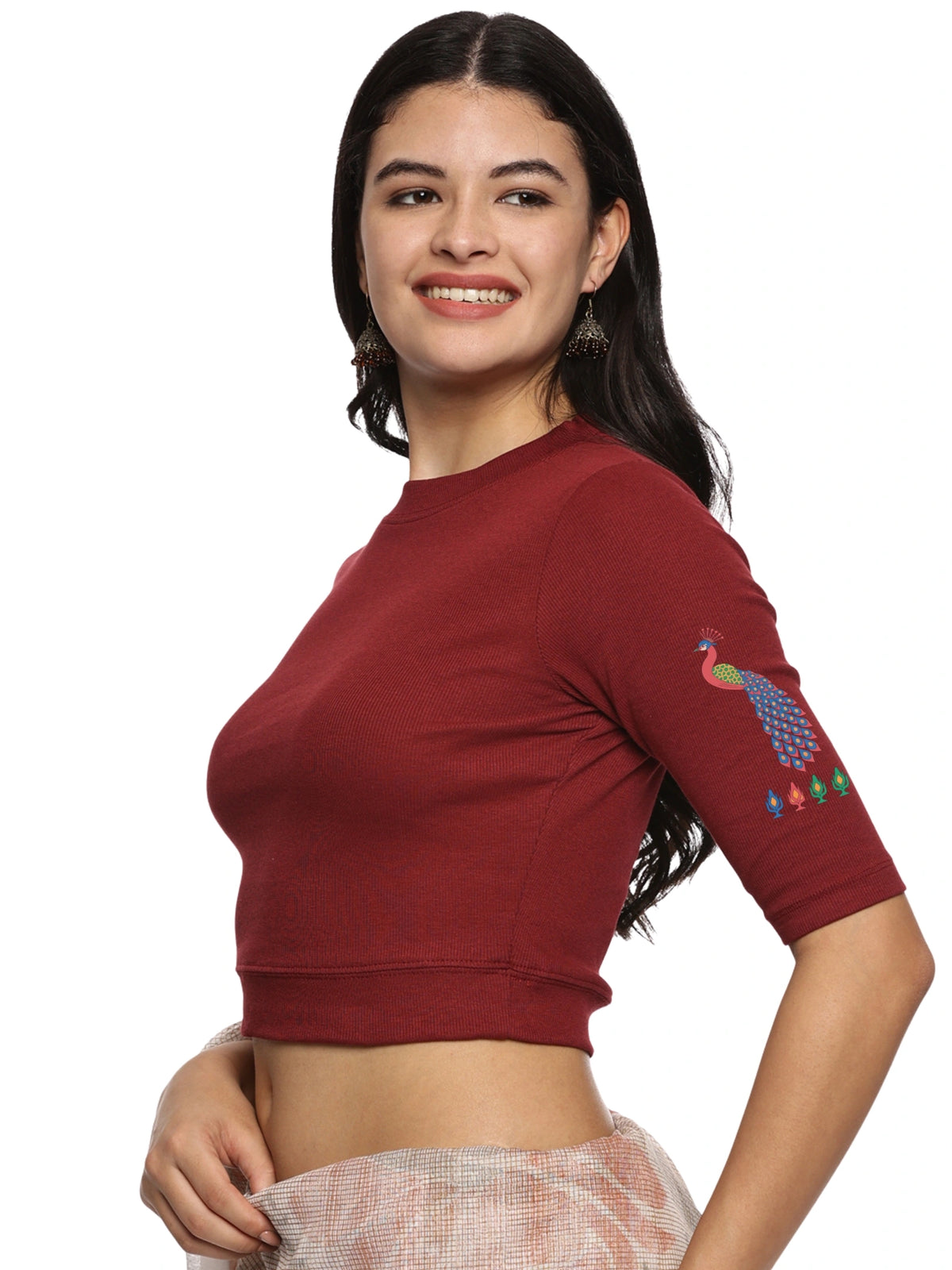 Women Back Printed Stretchable Elbow Sleeve RIB Blouse U0254 Maroon