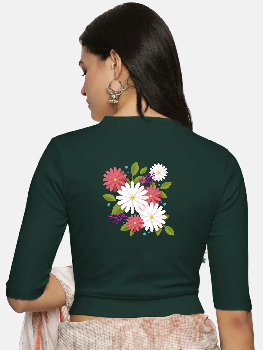 Women Back Printed Stretchable Elbow Sleeve RIB Blouse U0145 - notyetbyus