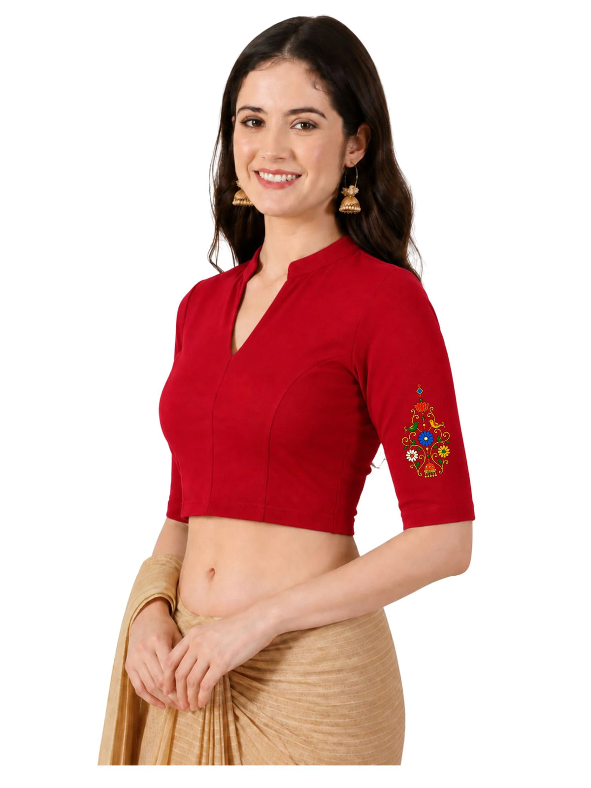 Women Mandarin Collar Back Printed Stretchable Elbow Sleeve Blouse U0267 Red