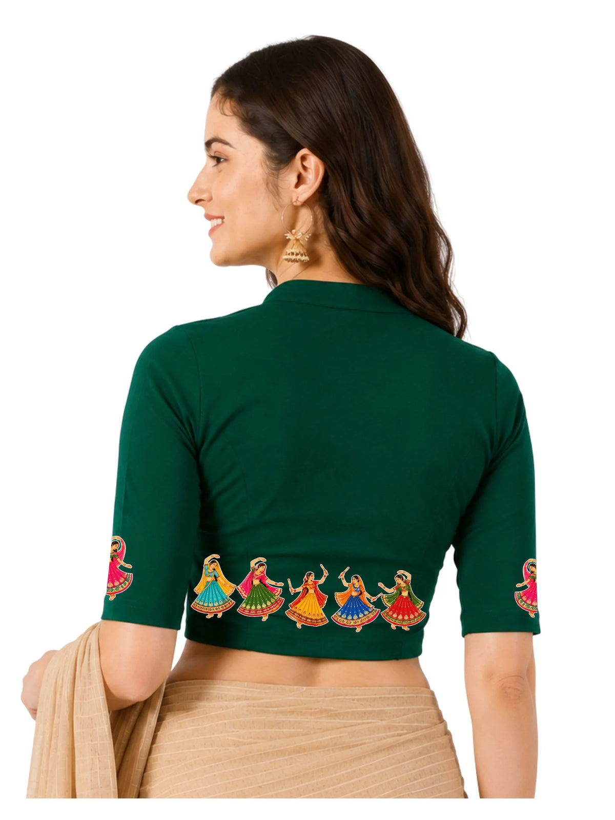 Women Mandarin Collar Back Printed Stretchable Elbow Sleeve Blouse U0281 Bottle Green