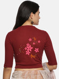 Women Back Printed Stretchable Elbow Sleeve RIB Blouse U0113 Maroon