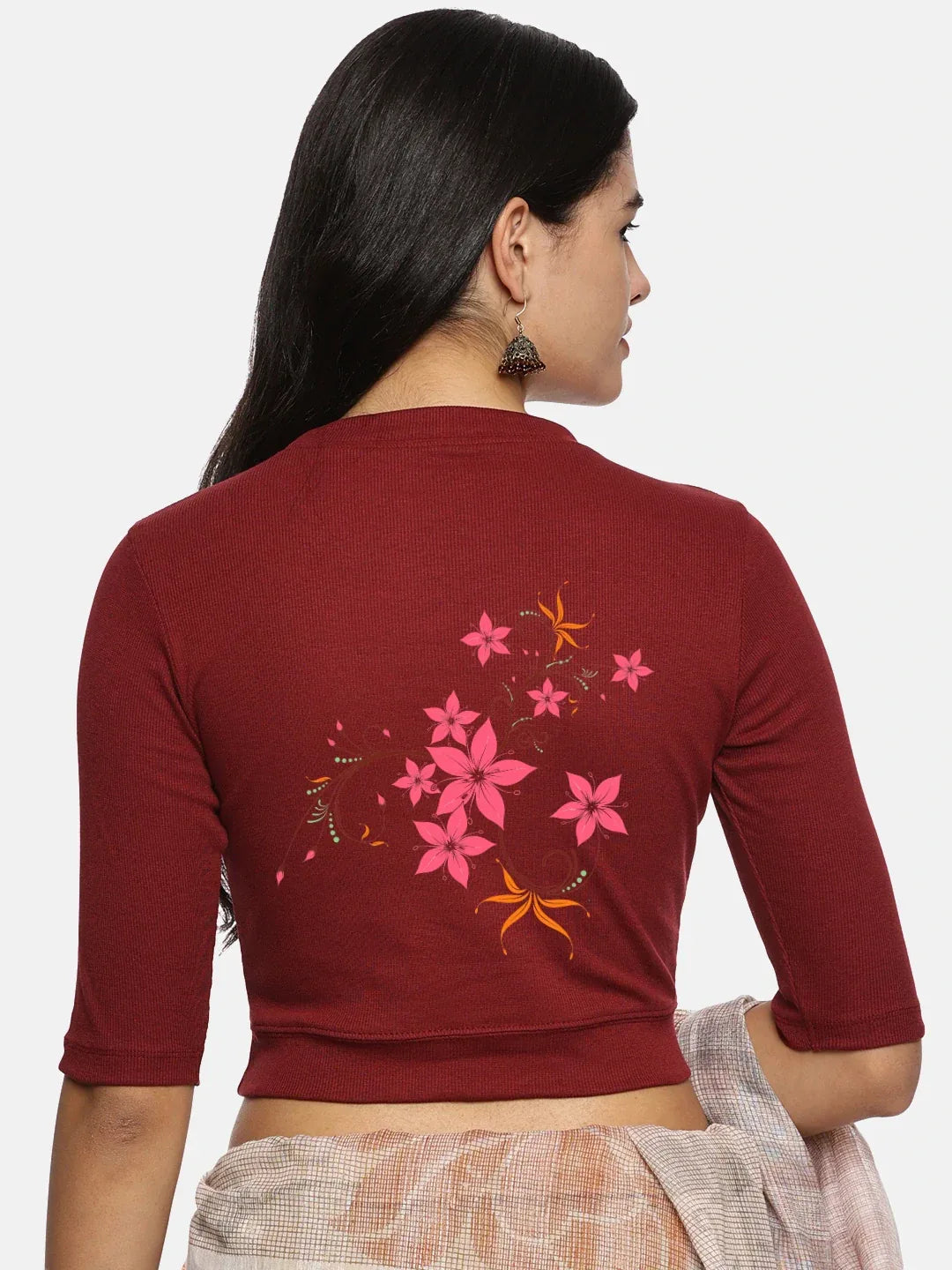 Women Back Printed Stretchable Elbow Sleeve RIB Blouse U0113 - notyetbyus