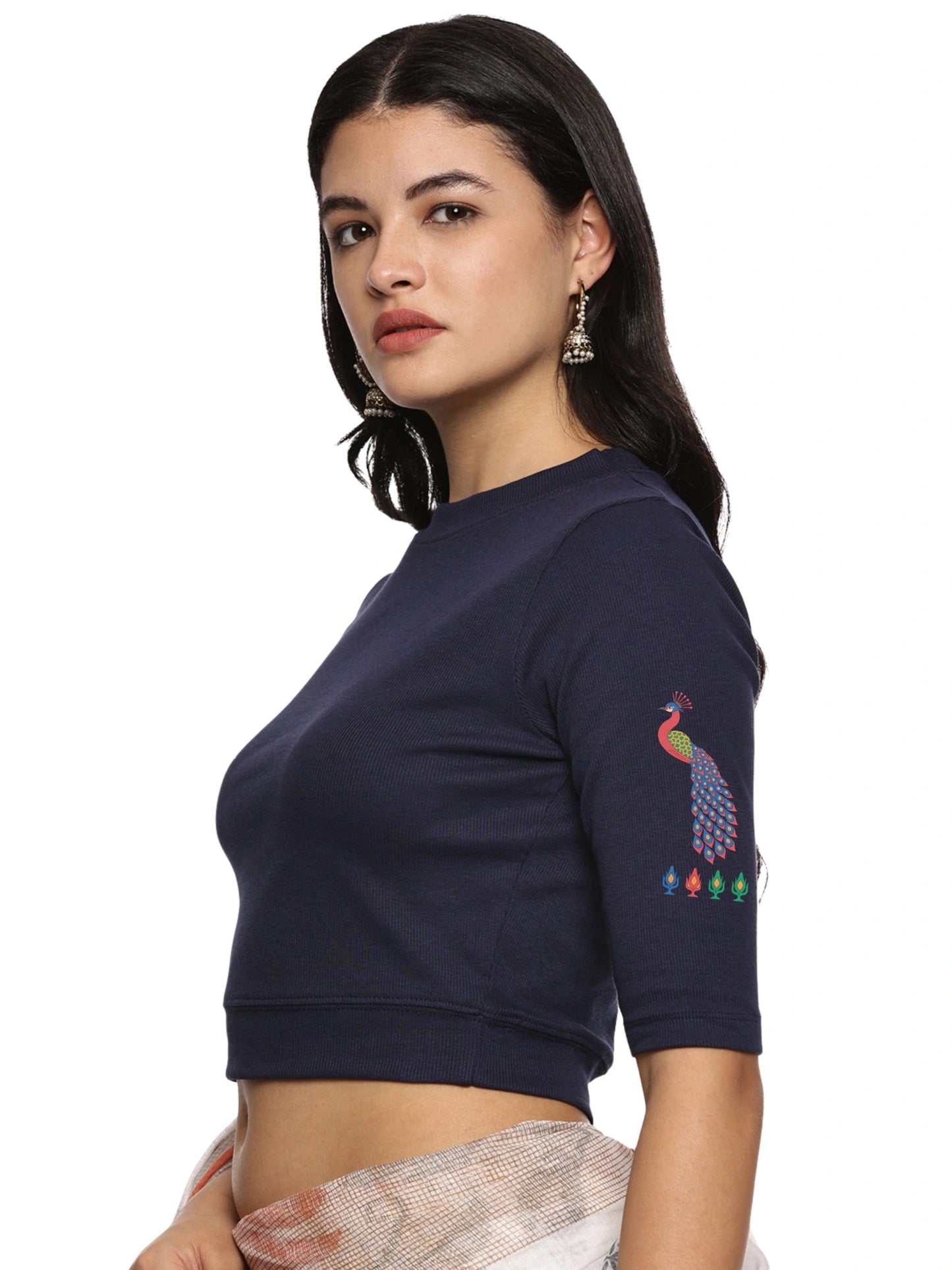 Women Back Printed Stretchable Elbow Sleeve RIB Blouse U0254 Navy