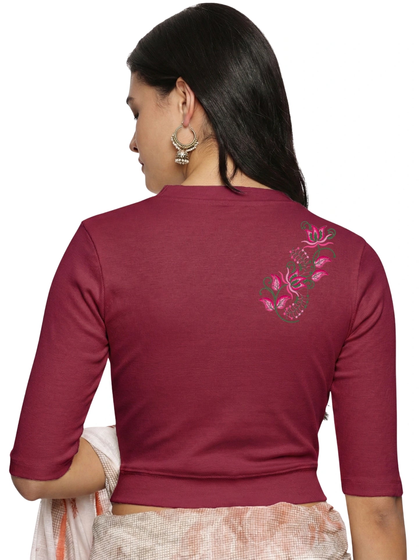 Women Back Printed Stretchable Elbow Sleeve RIB Blouse U0117 Wine Pink