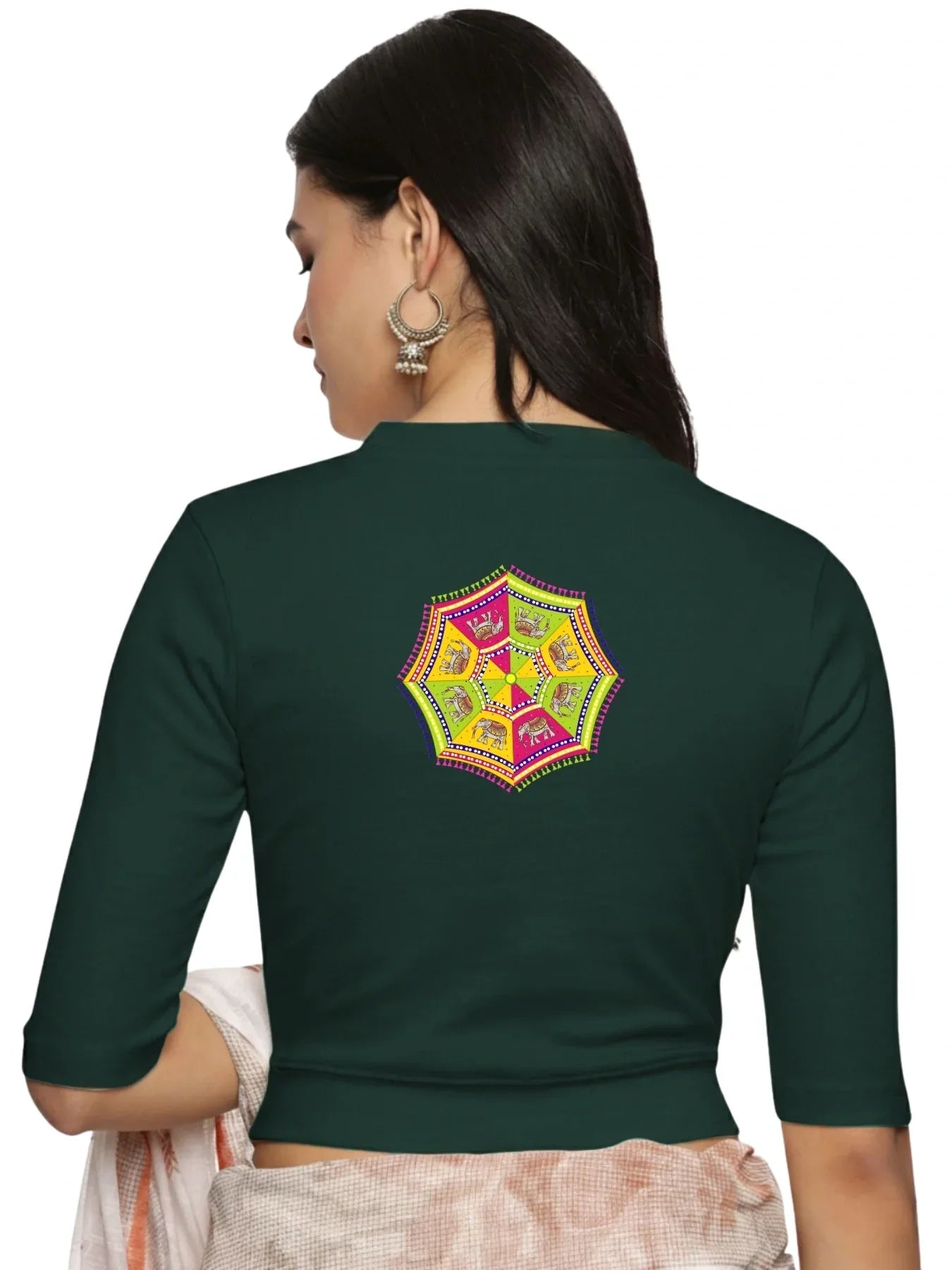 Women Back Printed Stretchable Elbow Sleeve RIB Blouse U0159 - notyetbyus