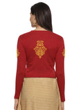 Women Back Printed Stretchable Full Sleeve V Neck RIB Blouse U0189 Red