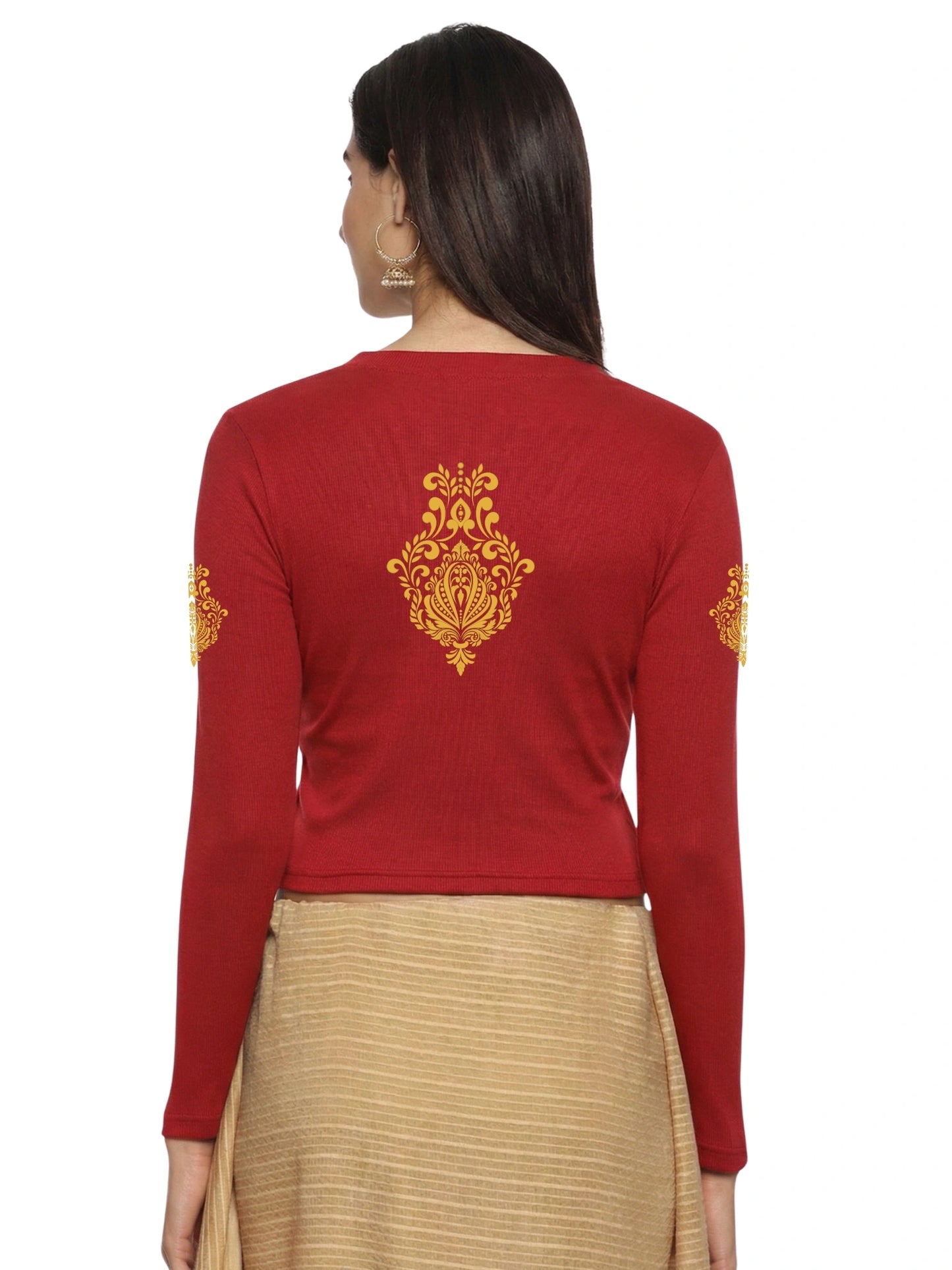 Women Back Printed Stretchable Full Sleeve V Neck RIB Blouse U0189 Red