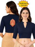 Women Mandarin Collar Back Gold Printed Stretchable Elbow Sleeve Blouse M0277 Navy