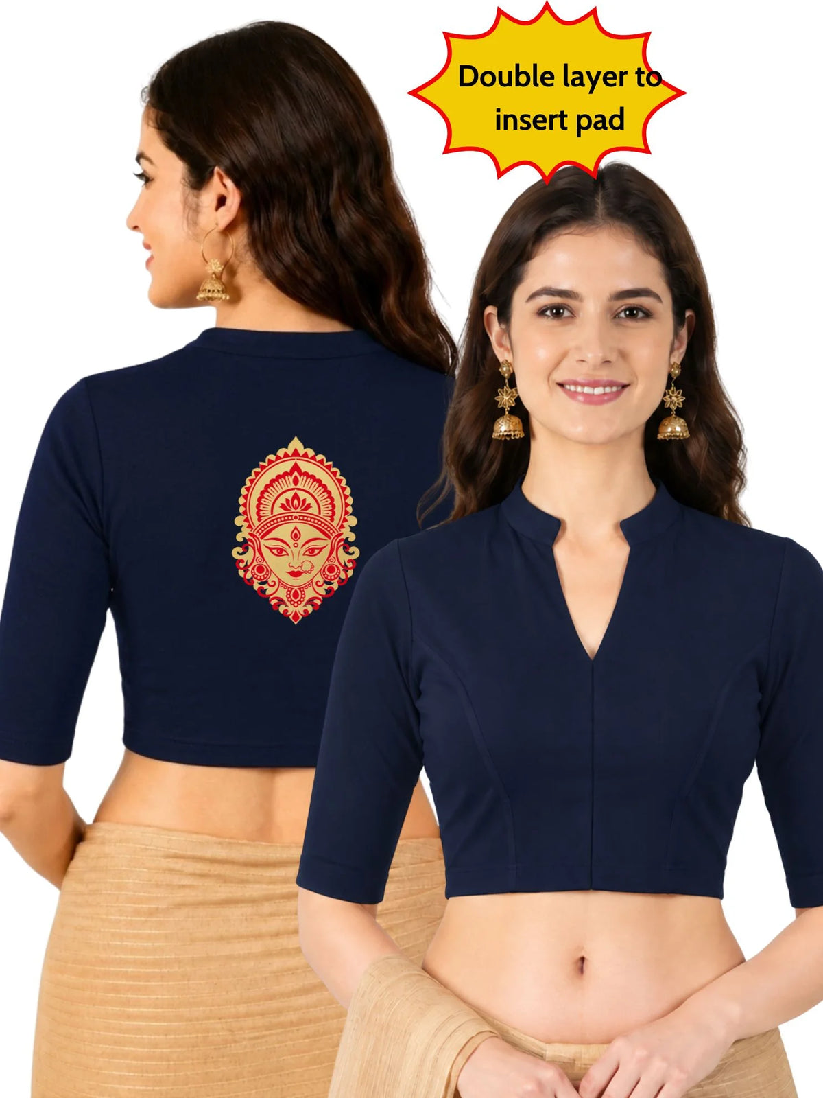 Women Mandarin Collar Back Gold Printed Stretchable Elbow Sleeve Blouse M0277 Navy