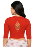 Women Back Printed Stretchable Elbow Sleeve RIB Blouse U0252 Dark Orange