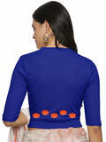 Women Back Printed Stretchable Elbow Sleeve RIB Blouse U0147 Royal Blue