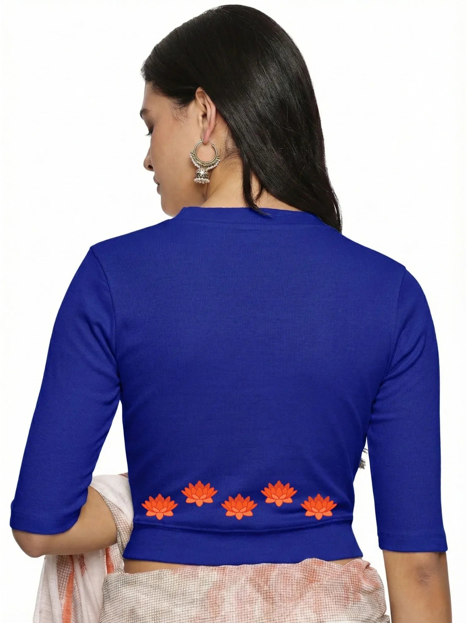 Women Back Printed Stretchable Elbow Sleeve RIB Blouse U0147 - notyetbyus