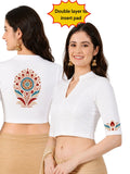 Women Mandarin Collar Back Printed Stretchable Elbow Sleeve Blouse U0280 White