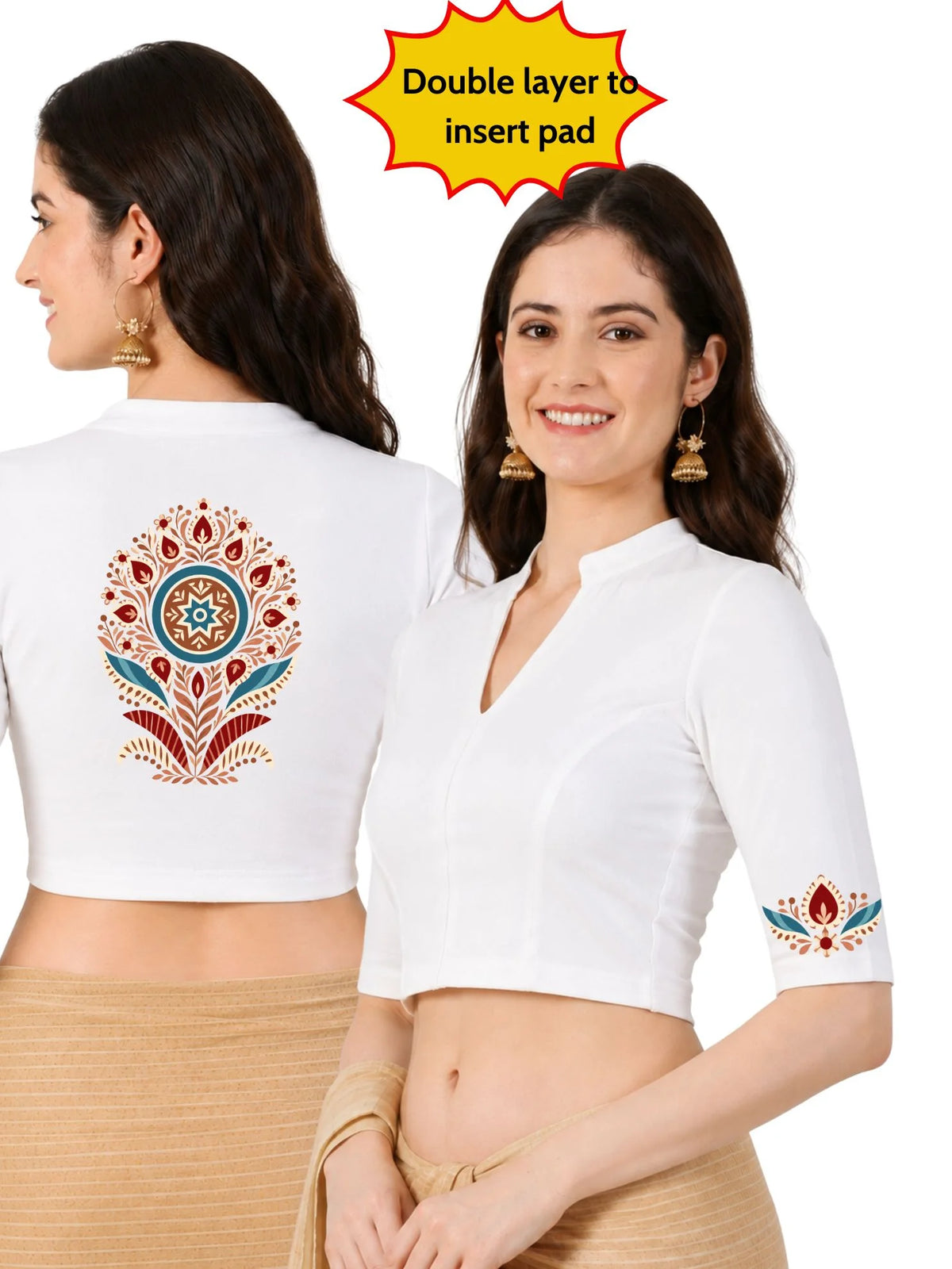 Women Mandarin Collar Back Printed Stretchable Elbow Sleeve Blouse U0280 White