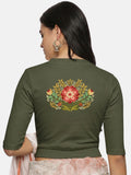 Women Back Printed Stretchable Elbow Sleeve RIB Blouse U0120 Olive Green