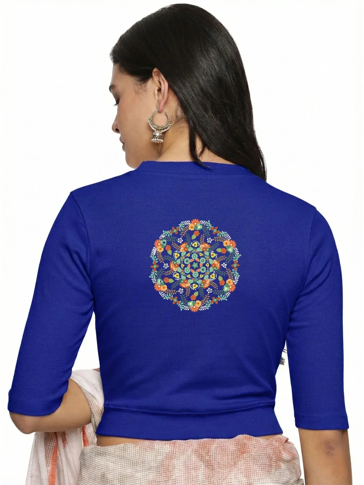 Women Back Printed Stretchable Elbow Sleeve RIB Blouse U0119 - notyetbyus