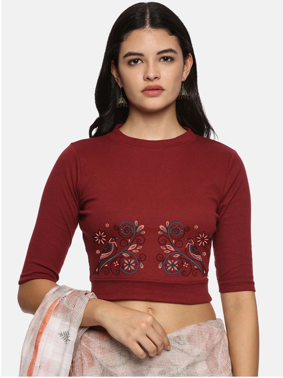 Women Back Printed Stretchable Elbow Sleeve RIB Blouse U0156