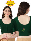 DIY Embroidery Kit with Women Front Open Stretchable Half Sleeve Blouse E03– Bottle Green