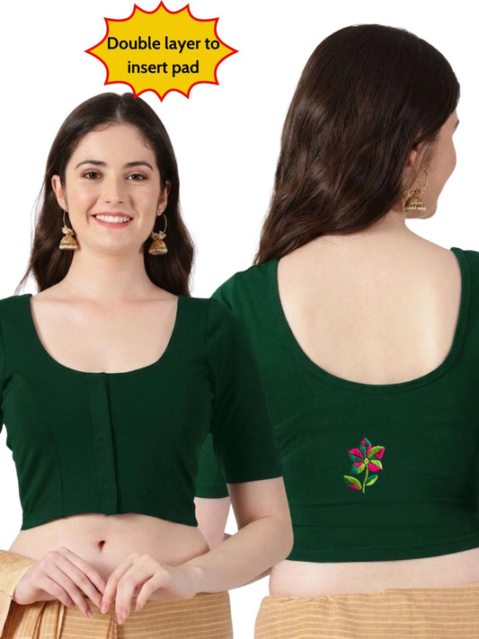 DIY Embroidery Kit with Women Front Open Stretchable Half Sleeve Blouse E03– Bottle Green