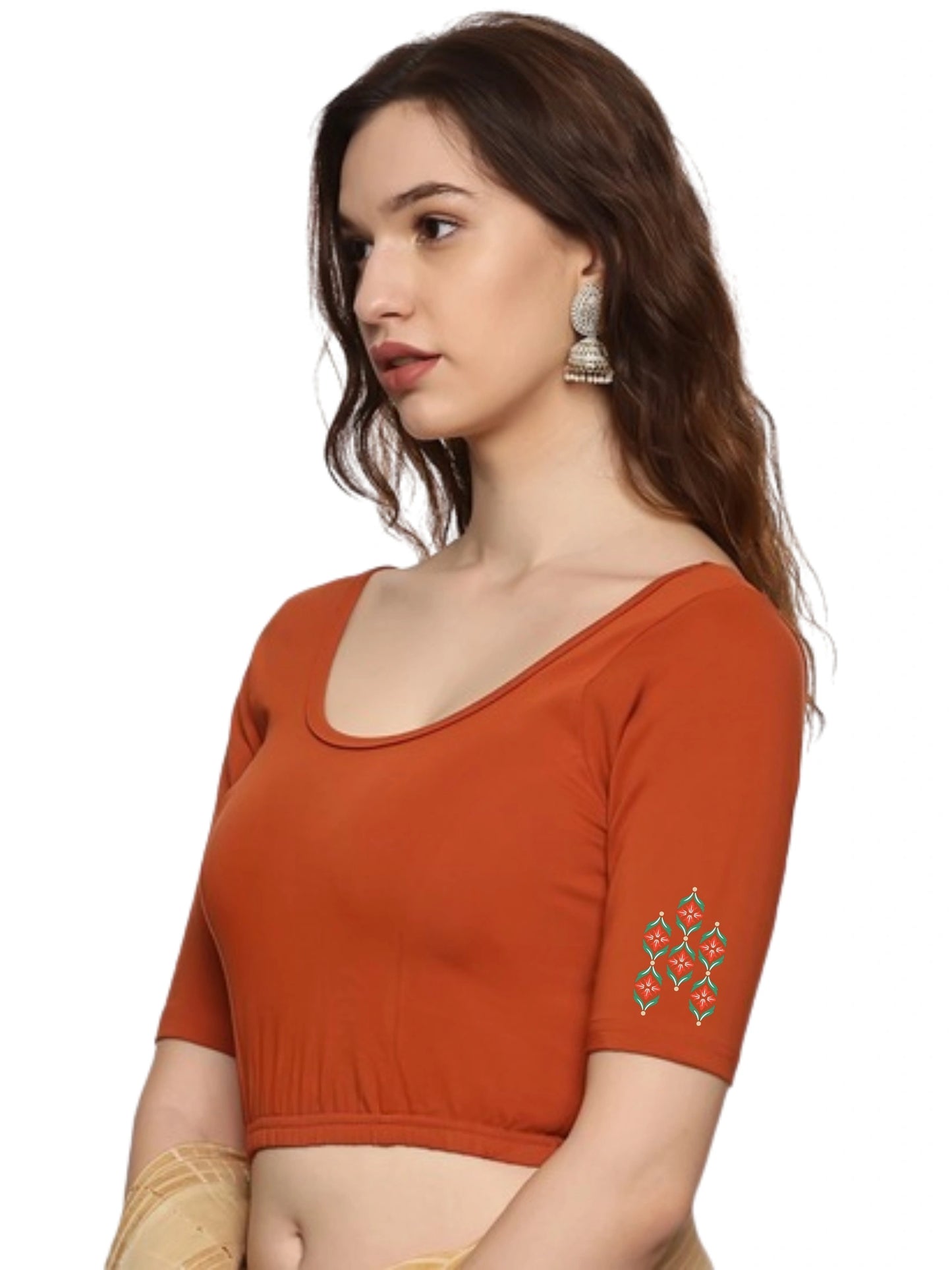 Women Back Printed Stretchable Half Sleeve Blouse U0178 Rust