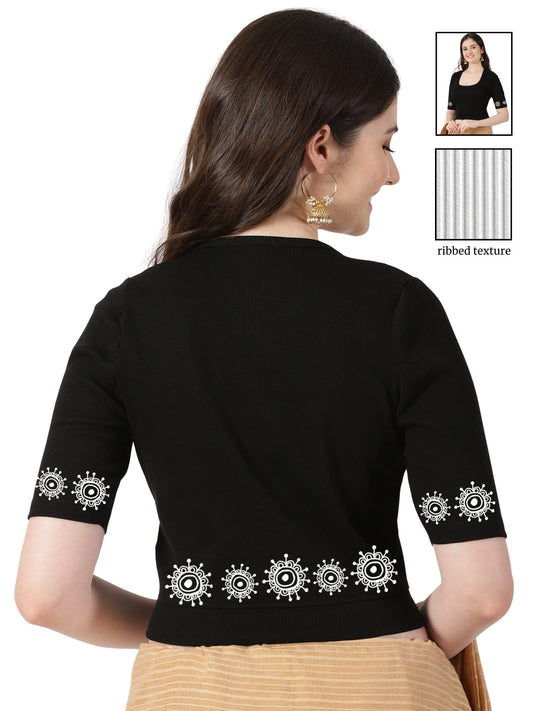 Women Stretchable Rib Square Neck Puff Sleeve Blouse Back Print U0244 Black
