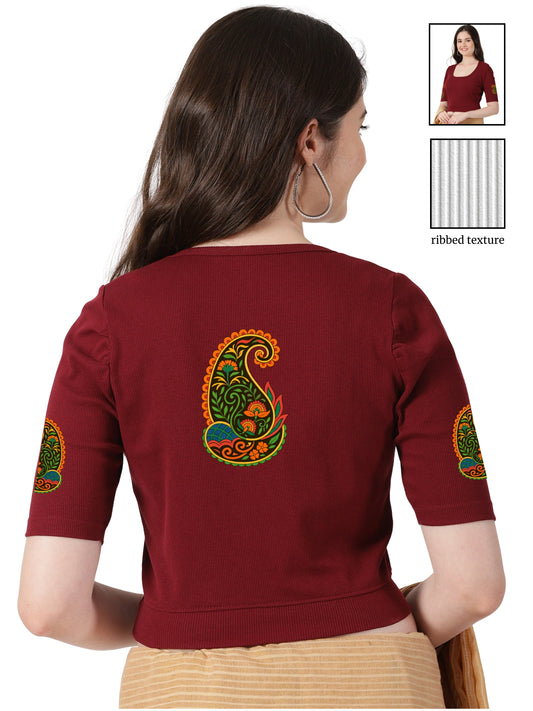 Women Stretchable Rib Square Neck Puff Sleeve Blouse Back Print U0247 Maroon