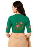 Women Mandarin Collar Back Printed Stretchable Elbow Sleeve Blouse U0273 Emerald Green