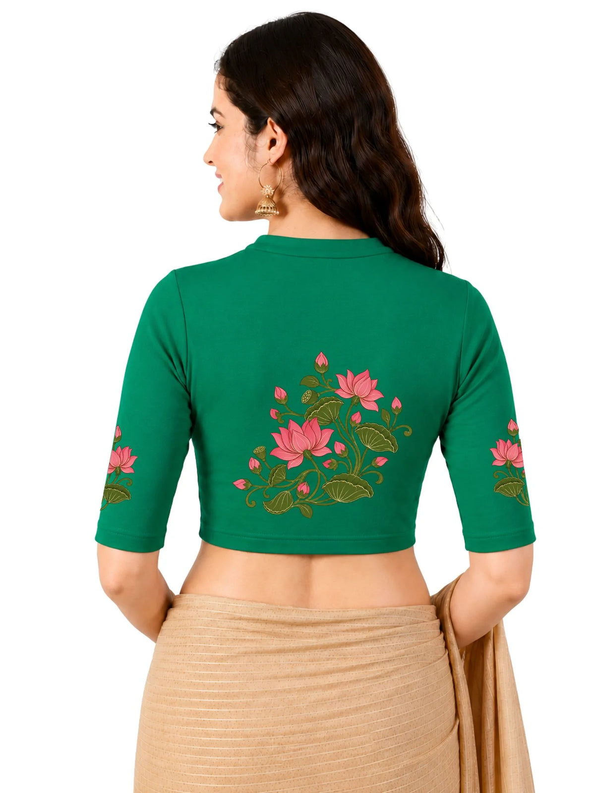 Women Mandarin Collar Back Printed Stretchable Elbow Sleeve Blouse U0273 Emerald Green
