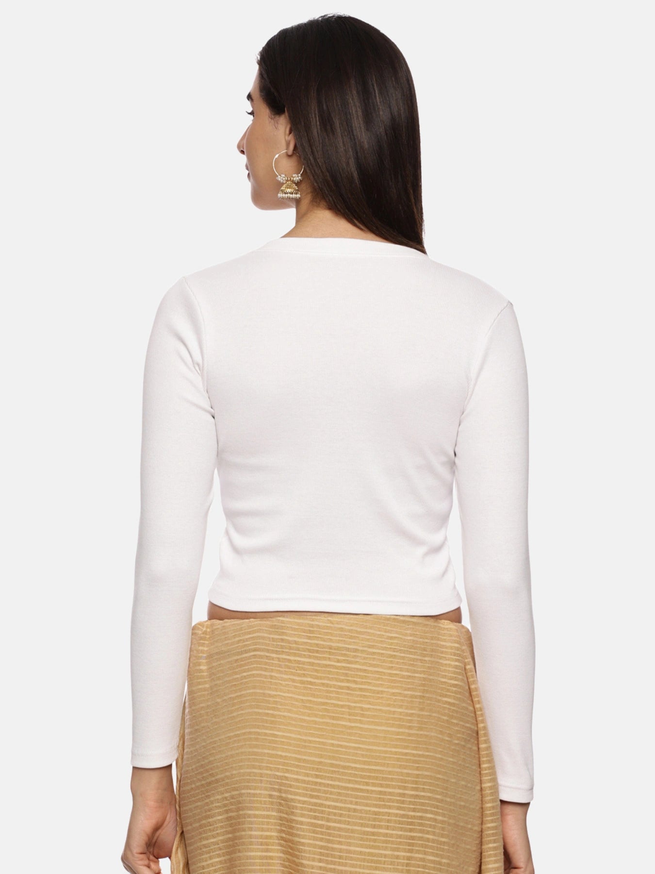 Women Plain Stretchable Full Sleeve V Neck RIB Blouse U0191 White