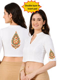 Women Mandarin Collar Back Printed Stretchable Elbow Sleeve Blouse U0279 White
