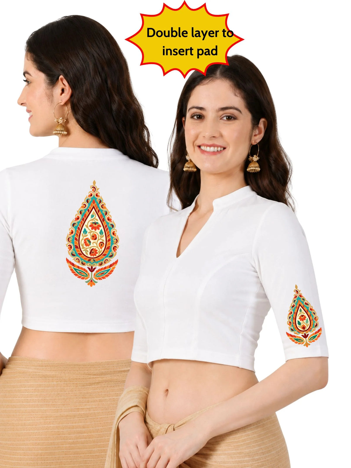 Women Mandarin Collar Back Printed Stretchable Elbow Sleeve Blouse U0279 White