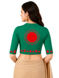 Women Mandarin Collar Back Printed Stretchable Elbow Sleeve Blouse U0274 Emerald Green