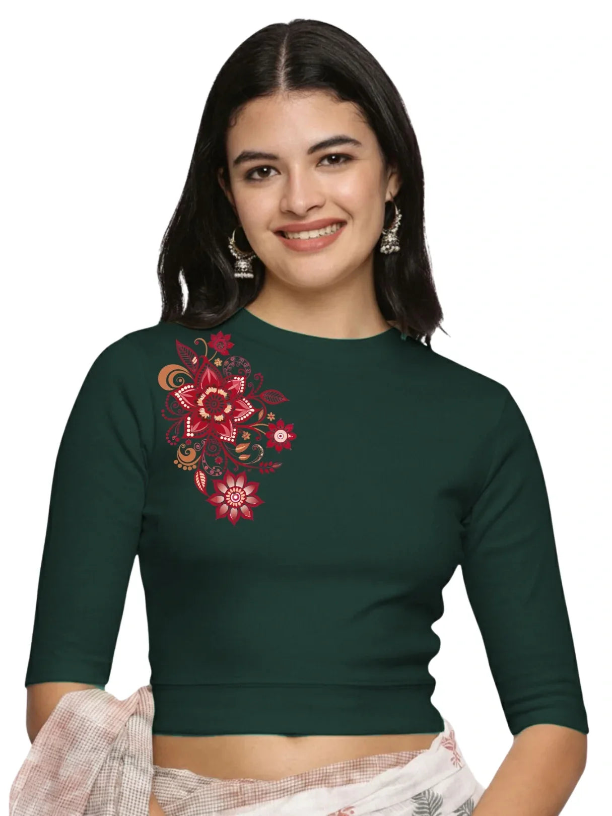 Women Back Printed Stretchable Elbow Sleeve RIB Blouse U0122 - notyetbyus