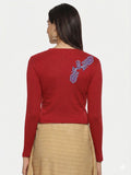 Women Back Printed Stretchable Full Sleeve V Neck RIB Blouse U0217 Red