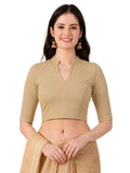 Women Mandarin Collar Plain Stretchable Elbow Sleeve Blouse U0271 Beige