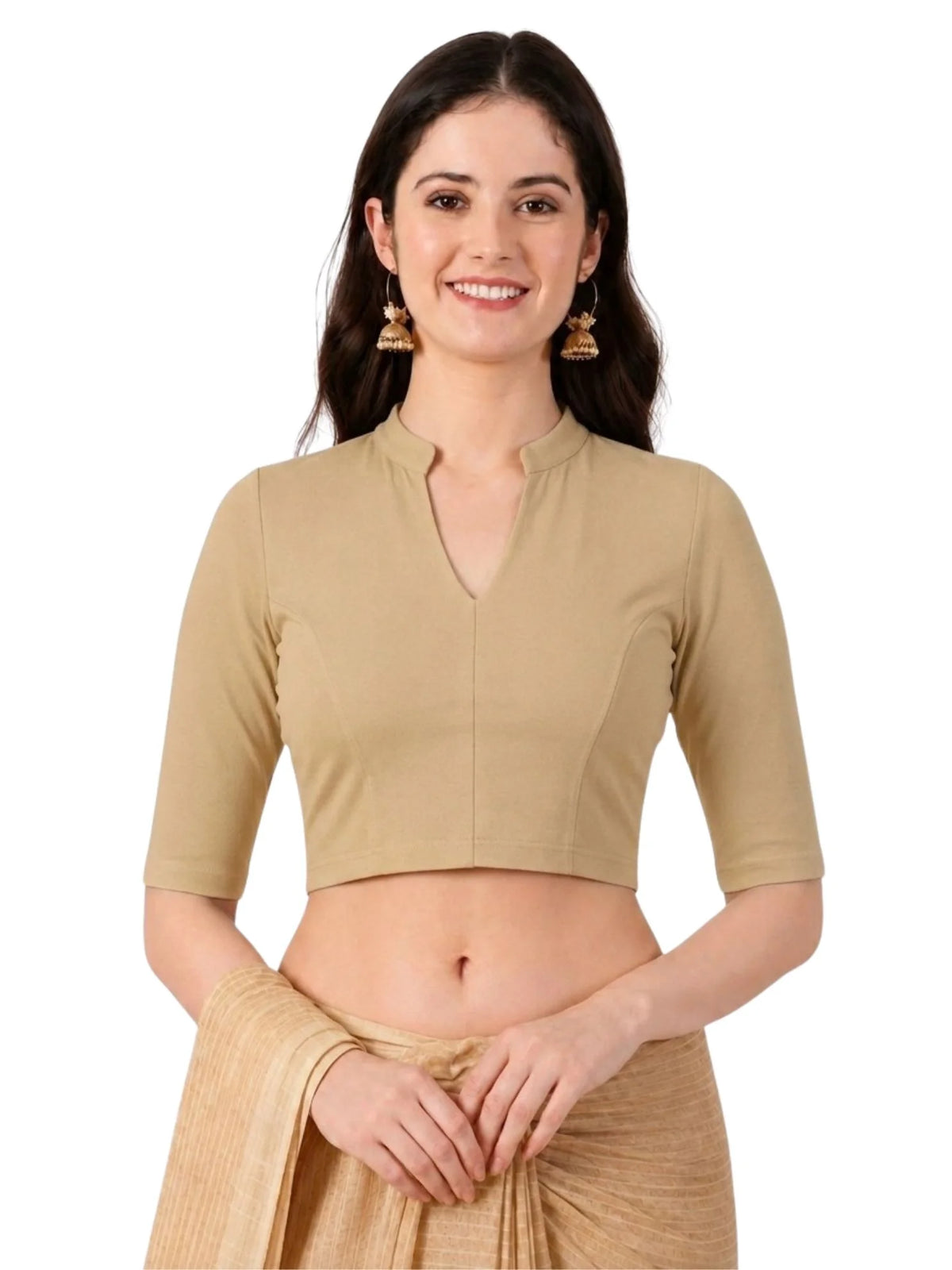 Women Mandarin Collar Plain Stretchable Elbow Sleeve Blouse U0271 Beige