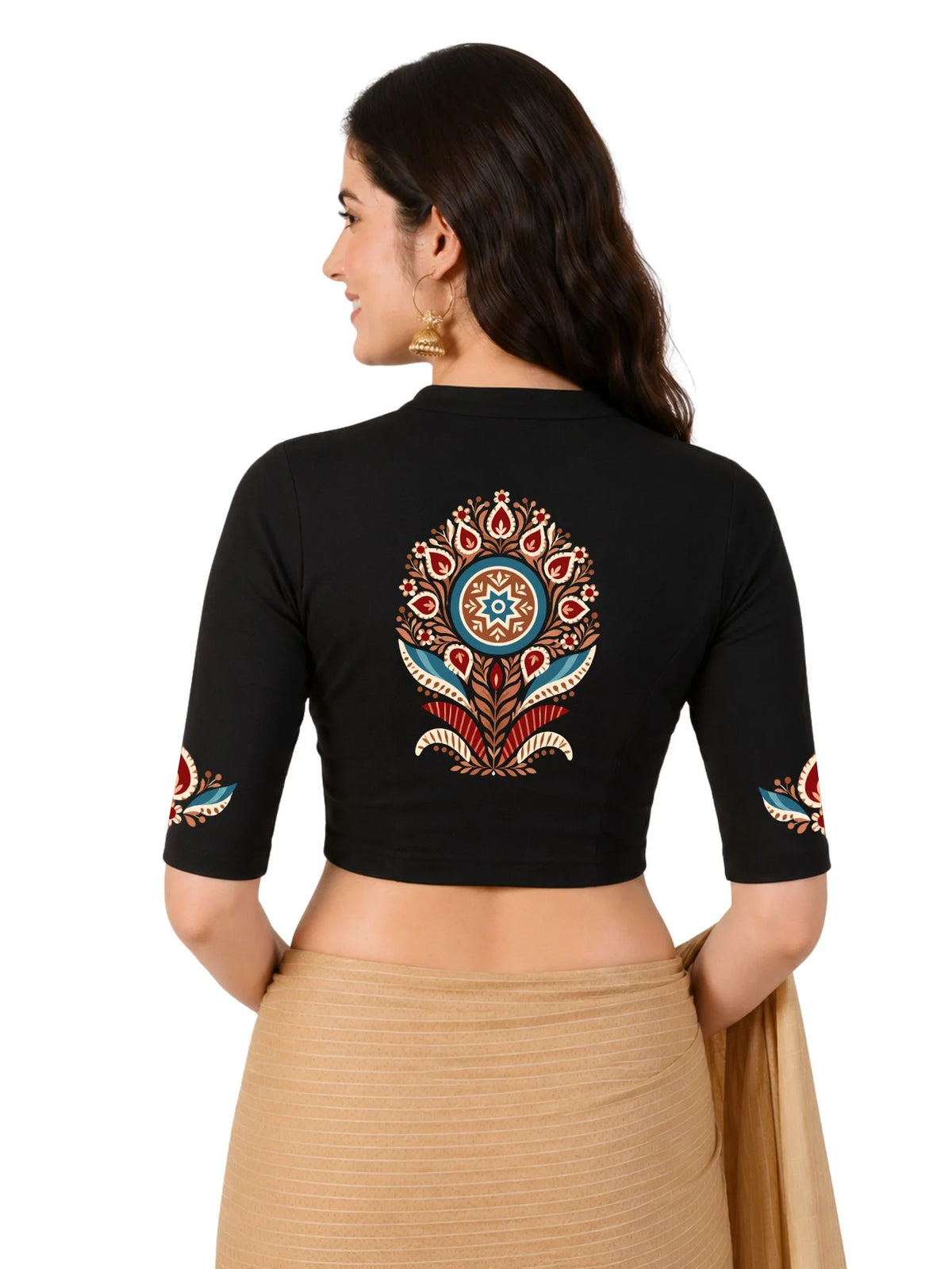 Women Mandarin Collar Back Printed Stretchable Elbow Sleeve Blouse U0280 Black