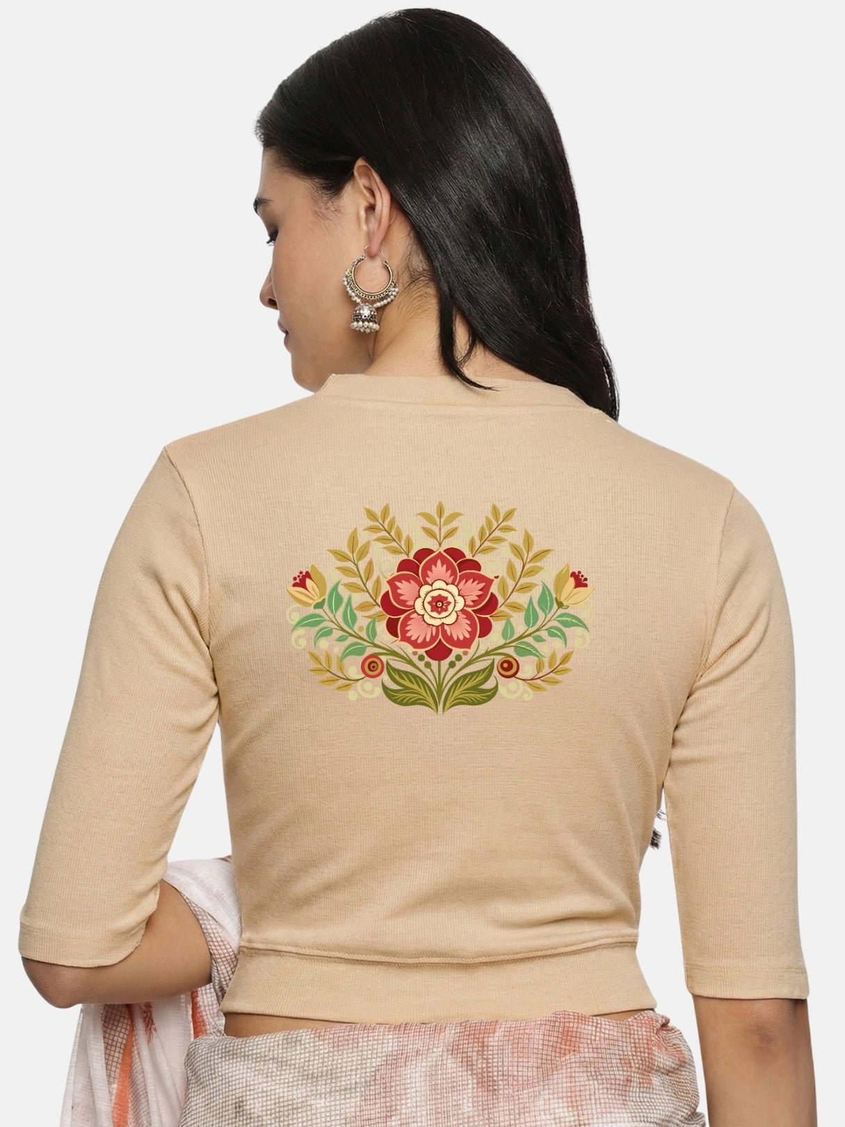 Women Back Printed Stretchable Elbow Sleeve RIB Blouse U0120 Chikoo