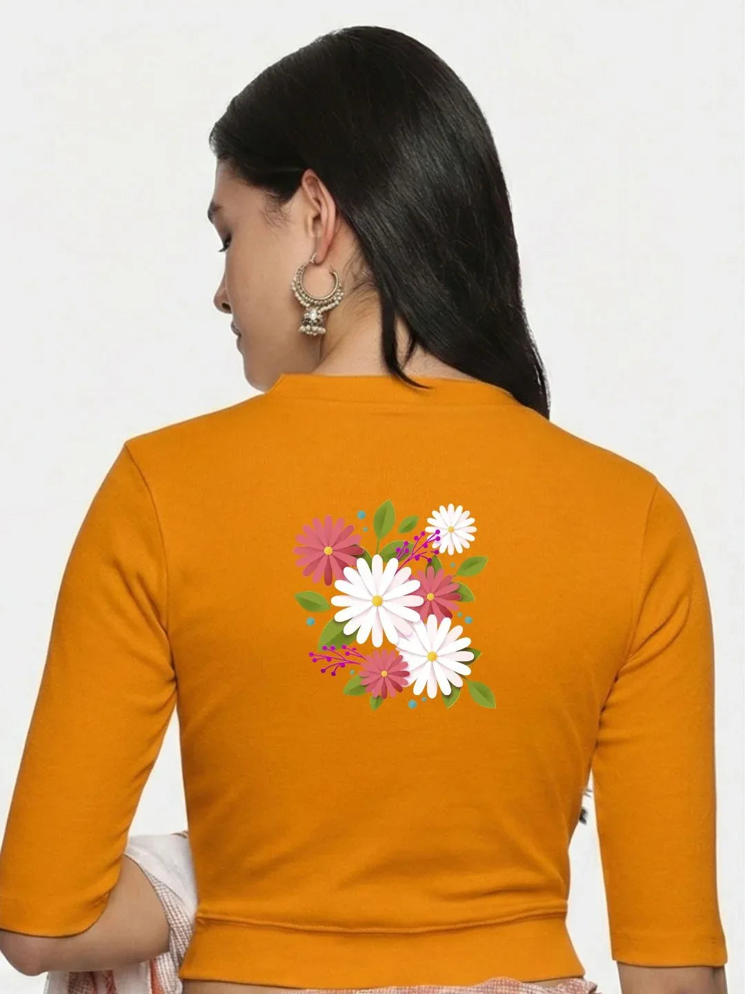 Women Back Printed Stretchable Elbow Sleeve RIB Blouse U0145 - notyetbyus