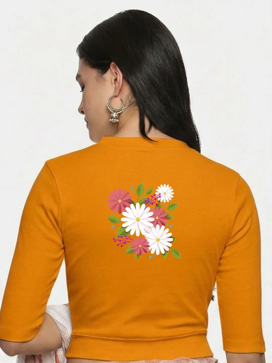 Women Back Printed Stretchable Elbow Sleeve RIB Blouse U0145 - notyetbyus