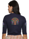 Women Back Printed Stretchable Elbow Sleeve RIB Blouse U0254 Navy