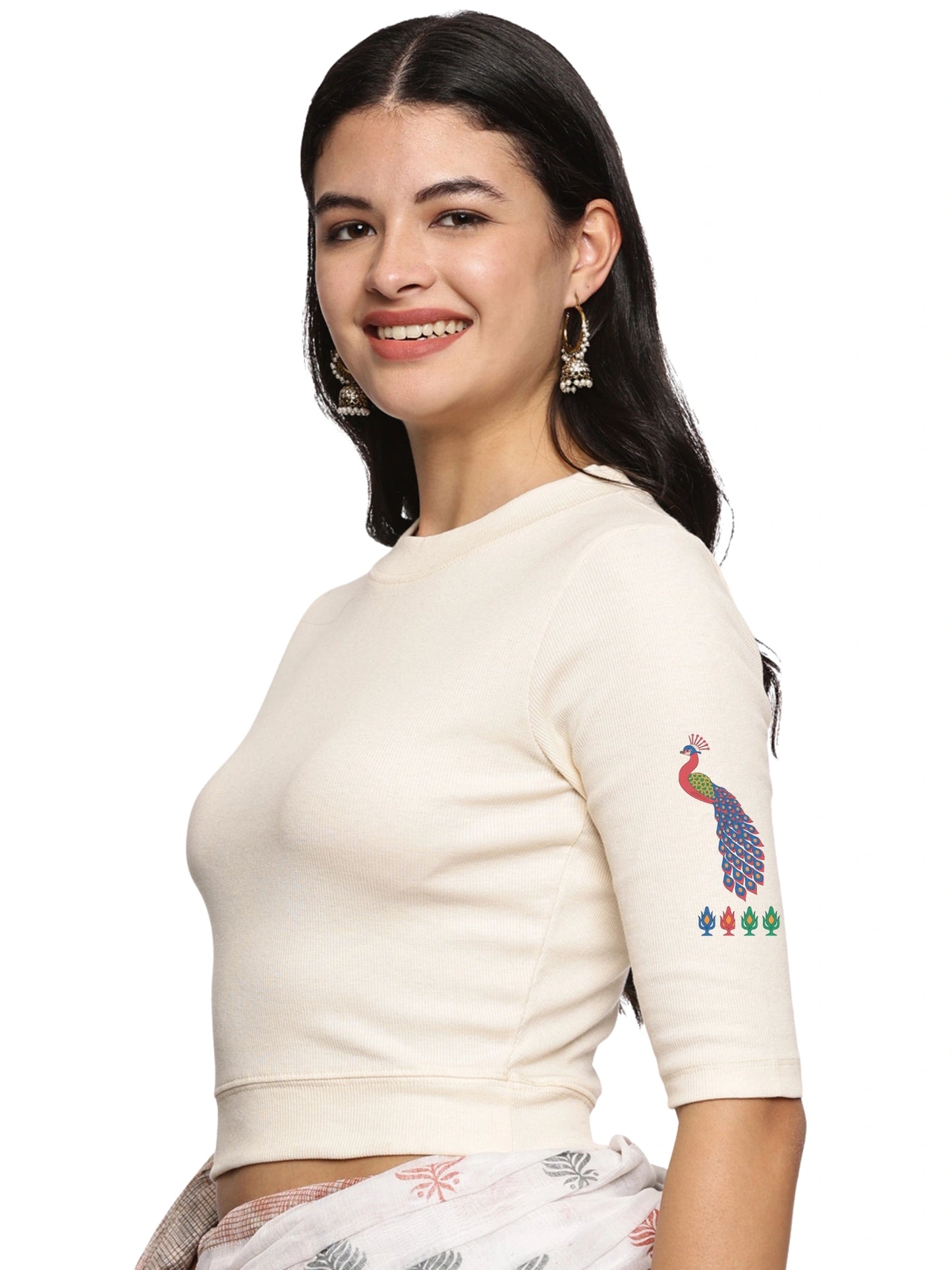 Women Back Printed Stretchable Elbow Sleeve RIB Blouse U0254 Cream
