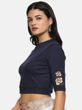 Women Back Printed Stretchable Elbow Sleeve RIB Blouse U0114 Navy