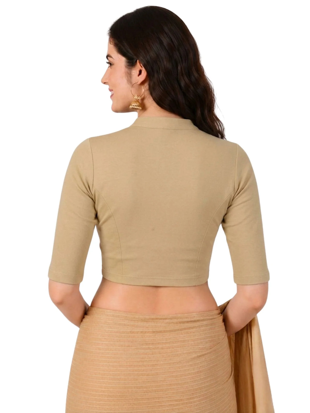 Women Mandarin Collar Plain Stretchable Elbow Sleeve Blouse U0271 Beige