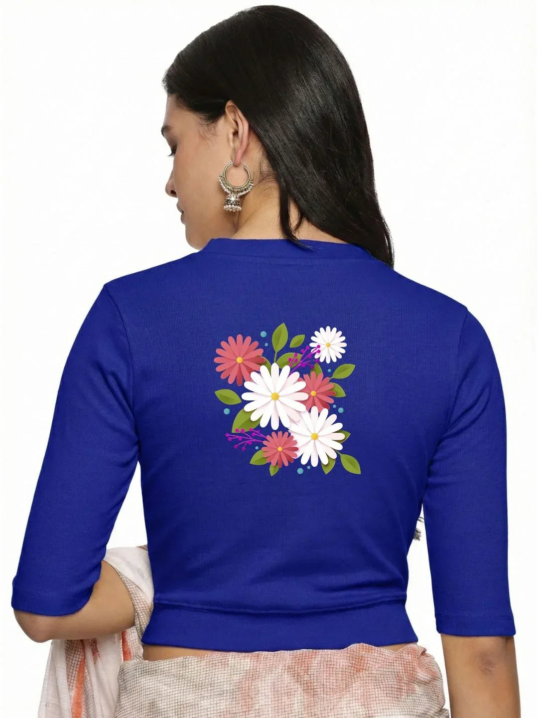 Women Back Printed Stretchable Elbow Sleeve RIB Blouse U0145 - notyetbyus