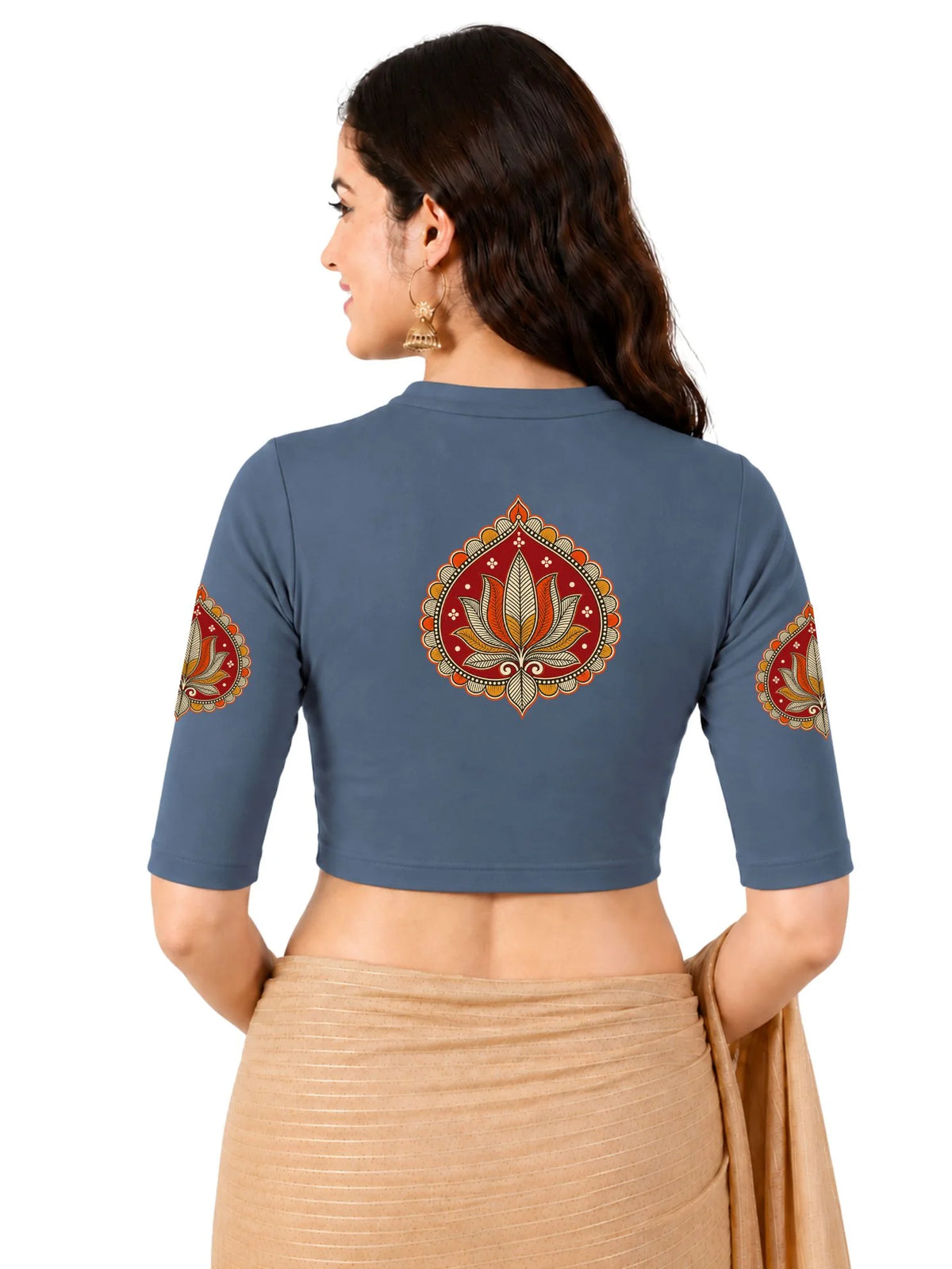 Women Mandarin Collar Back Printed Stretchable Elbow Sleeve Blouse U0269 Elephant Grey