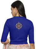 Women Back Printed Stretchable Elbow Sleeve RIB Blouse U0167 Royal Blue