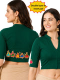 Women Mandarin Collar Back Printed Stretchable Elbow Sleeve Blouse U0281 Bottle Green